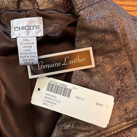 Leather Bomber Jacket, NWT, slightly metallic with worn look, Chico’s sz3, large - Picture 8 of 13